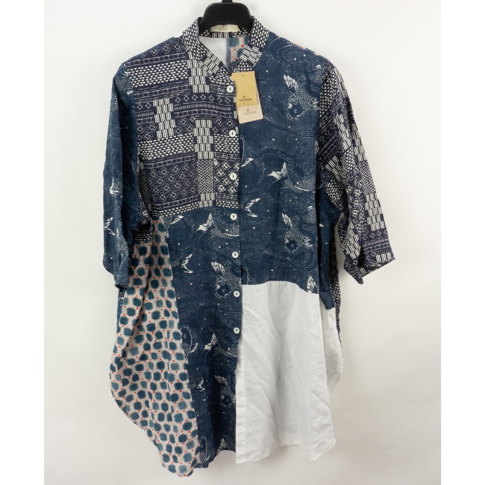 New Cheyenne 100% Linen Koi Fish Geometric Short Shirt Dress Women 2X Blue White